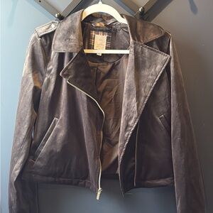 LC Lauren Conrad Brown Velvety Jacket with Moto Style and Asymmetrical Zipper